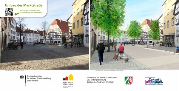 Gegenüberstellung eines Fotos der Marktstraße im alten Zustand und eines Computerbildes der Straße nach dem Ausbau.