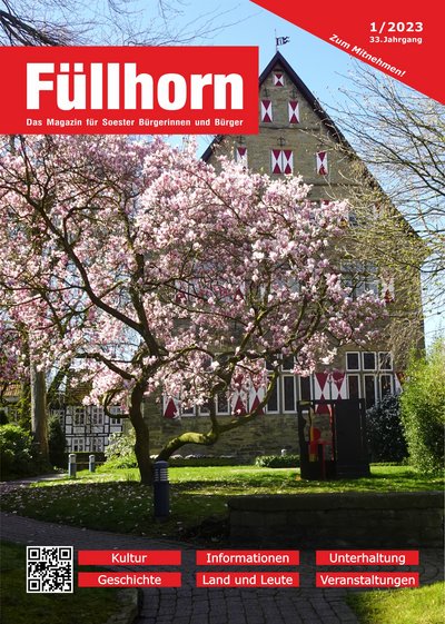 Titelbild des Füllhorns Nummer 1 aus 2023 mit einem blühenden Baum vor dem Burghofmuseum.