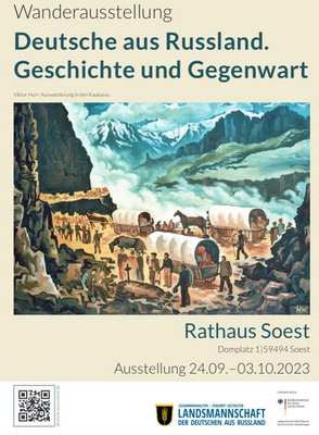 Plakat der Wanderausstellung "Deutsche aus Russland. Geschichte und Gegenwart", wleches ein Gemälde mit  Planwagen und Personen in einem Gebirge zeigt.