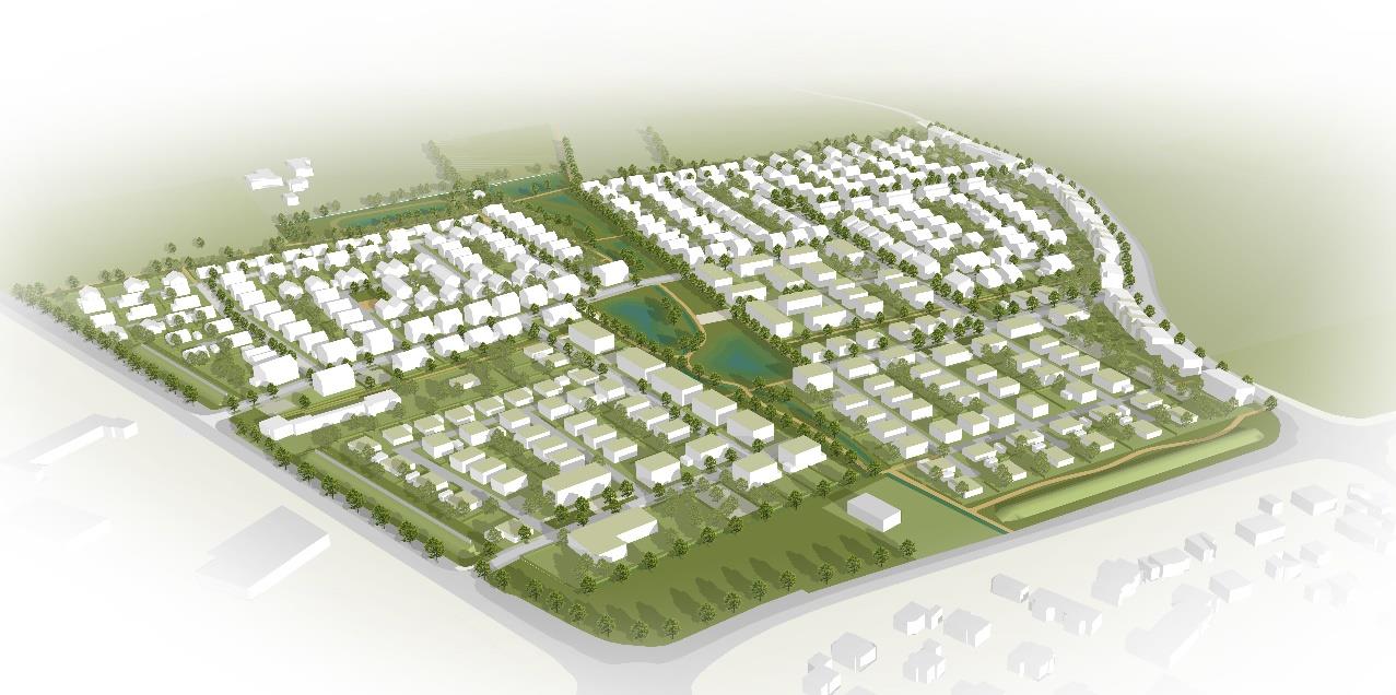 Computerskizze des Baugebietes Neuer Soester Norden aus der Vogelperspektive.